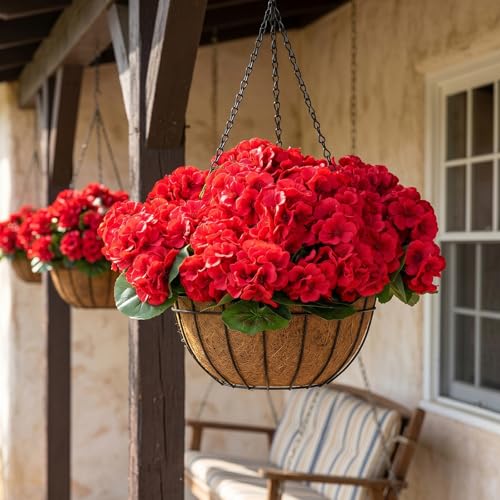 CEWOR Artificial Geranium Flowers for Outdoor, Fake Silk UV Resistant Geranium Red Flowers, Faux Flower for Garden Front Door Porch Planter Patio Home Decor (12, Red) - color: Red Geranium
