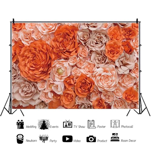 7x5ft Orange Rose Backdrop for Party Rose Gold Rose Floral Paper Flower Wall Photography Background Happy Mother's Day Birthday Bridal Shower Decorations Photographer YouTube Studio Props - color: orange, size: 7x5ft