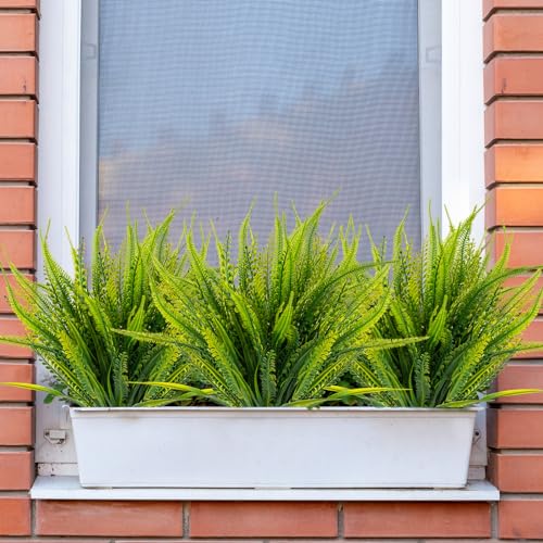 ZEOSTARO 12 Bundles Artificial Plants Outdoor Fake Boston Fern Greenery with Flowers Faux UV Resistant Shrubs Garden Patio Porch Window Box Farmhouse Hanging Decor(Green) - color: Boston Fern With Flowers