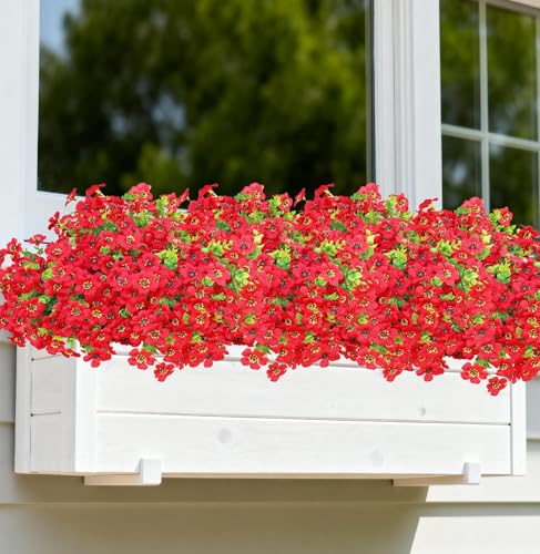 Artificial Outdoor Flowers 16 Bundles UV Resistant Fake Mums Flowers Plants for Decoration Indoor Outdoor Window Box Hanging Planter Home Porch Decor Plastic Faux Flowers (Red) - color: Red