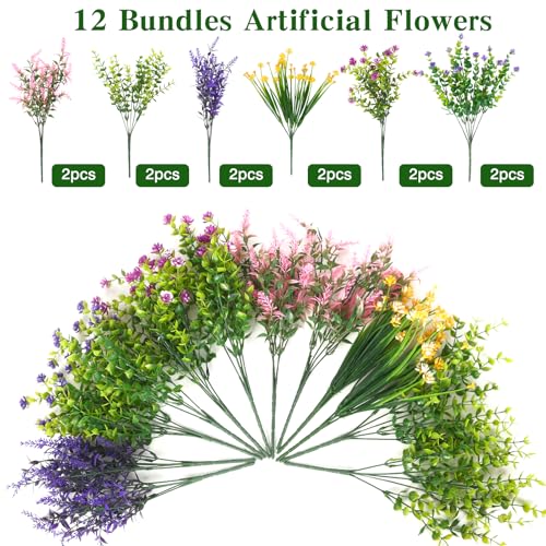 CEWOR Artificial Flowers for Outdoor Indoor, Fake Multiple Color Flowers, Faux Flower for Garden Front Door Porch Planter Patio Home Decor (12 Bundles, Purple Fuchsia Pink Yellow) - color: Multi Color