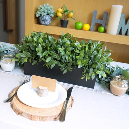 Winlyn 14" Artificial Boxwood Plant Greenery Arrangement Faux Boxwood in Black Rectangular Wooden Planter Potted Herb Plant for Farmhouse Home Decor Wedding Windowsill Mantel Shelf Table Centerpiece