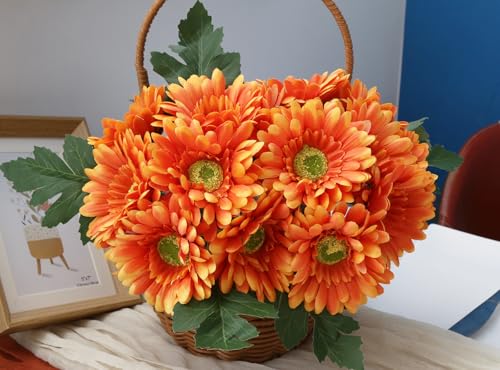 IPOPU 14 Pcs Artificial Gerbera Daisy Flowers 2 Bundles Orange Fake Daisy with Stems Faux Silk Daisy Flowers for Wedding Bridal Bouquet Party Floral Arrangements Home Decoration (Orange) - color: Orange