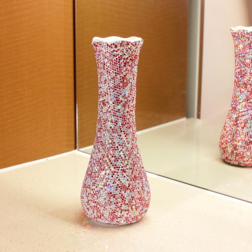 Bling Luxury Diamond-Embedded Vase for Home Decor – Elegant Flower Arrangement Vase, Dry Flower Crystal Decorative Bottle Vase, Desktop Ornament for Living Rooms (Pink) - color: Pink