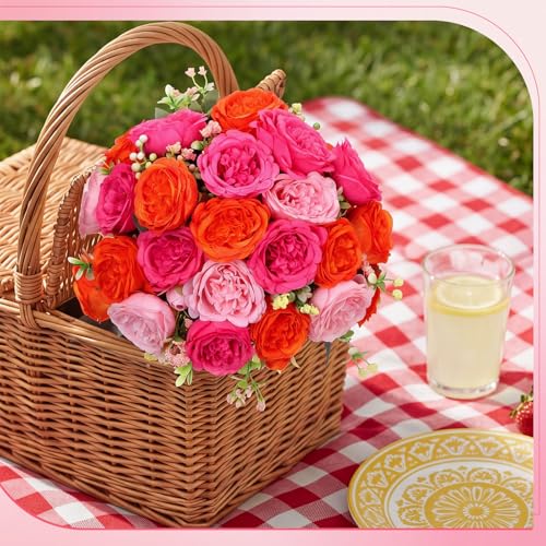 Geosar 8 Bundles Artificial Peonies Flowers Fake Silk Peony Bouquet Faux Peonies Flowers Bulk for Decoration Vase Floral Arrangements Wedding Party Table (Pink,Orange) - color: Pink, Orange