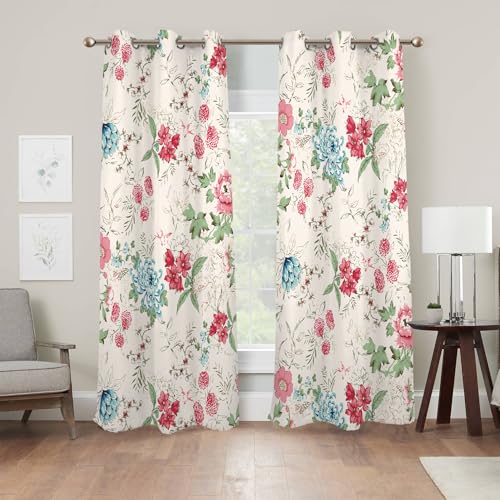Renaiss Boho Flower Blackout Curtains Wild Blue Pink Floral Thermal Insulated Window Drapes for Bedroom 29W x 45L inches 2 Panel Set Beige Window Curtain Panels for Kitchen - color: Floral & Leaf, size: 29"W x 45"L (Pack of 2)