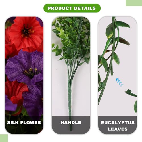 ADXORA 12 Bundles Morning Glory Artificial Flowers for Outdoor Decoration UV Resistant Fake Plastic Plants Artificial Greenery for Indoor Outdoor Garden Patio Window Box Home Decor - color: Red,dark Purple
