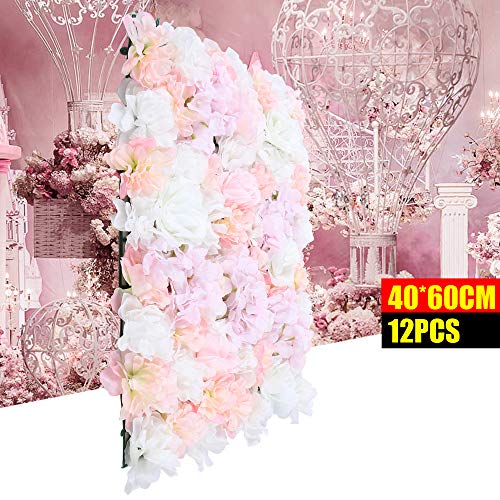 DNYSYSJ Flower Wall 12 PCS 23.62''x15.75'' 0.79'' Hydrangea Artificial Rose Flowers Panel Silk Fabric Mat for Garden Patio Wedding Stage Indoor Outdoor Decor, Champagne White Pink - color: Champagne White Pink, size: 12 pieces