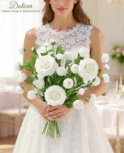 Dolicer Real Touch Ranunculus Artificial Flowers, 18 Inch Fake Peonies Artificial Flowers, White Faux Flower for Vase Faux Peony Bulk for Home Table Wedding Bridal Bouquet Decor 8Pcs - color: White, size: 8Pcs