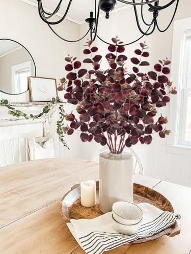 GnFlus 5 Pcs Artificial Eucalyptus Stems 30" Fake Silk Plants for Floral Arrangements, Fake Plant Farmhouse Decor, Home Wedding Decorations (Wine Red) - color: Burgundy