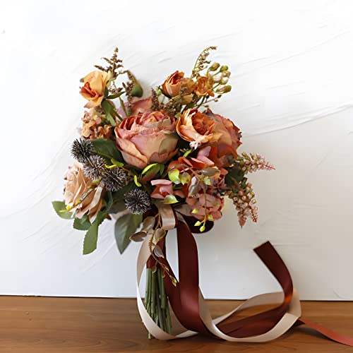 Artificial Wedding Bouquet for Brides Bridesmaid Holding Flower with Greenery Artificial Fabric Rose Wedding Flower Bridal Toss (Vintage Orange) - color: Vintage Orange