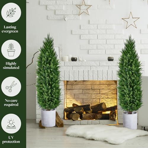 Artificial Cedar Topiary Trees, Set of 2 Lifelike Faux Pruned Cypress with Heavy-Duty Planters – UV-Resistant Outdoor Artificial Shrubs for Indoor/Outdoor Decor (40 Inches) - size: 40in