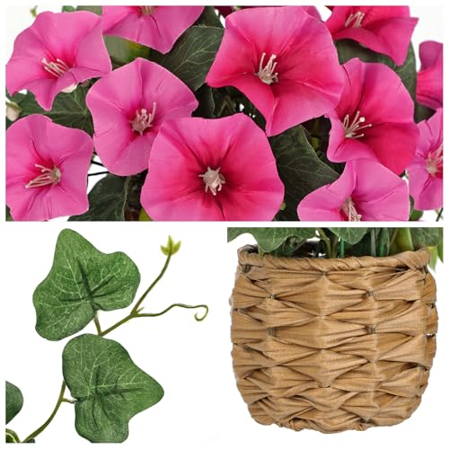 Briful 2 Pack Fake Morning Glory with Handwoven Basket - 8.2" Hot Pink Faux Potted Flowers Silk Floral Table Centerpiece for Home Office Room Shelf Desk Decor - color: Hot Pink