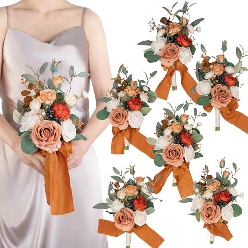 Set of 6 Burnt Orange Bridesmaid Bouquet,Terracotta Wedding Bouquet,Small Bouquet,for Wedding, Marriage Proposal Party and Vintage Wedding Ceremony Anniversary,Artificial Flowers - color: Burnt Orange