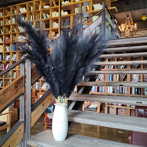 Premium Faux Black Pampas Grass Decor 8pcs 43.3″ – Jet Black Tall Dramatic Feather Flowers, No Assembly 18-Branch One-Piece Stems for Modern Gothic Wedding & Luxe Home Decor, Floor Vase Statement - color: Faux Black, size: 8pcs 43.3"(110cm)