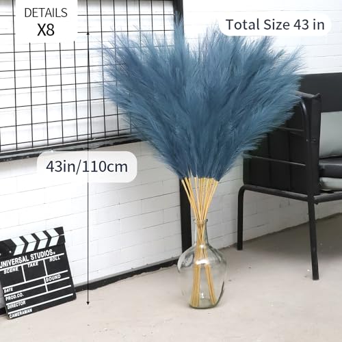 43" Faux Pampas Grass Decor - 8 PCS Tall Fluffy Pampas Grass Flower Arrangement and Vase Filler for Boho Home Wedding Mothers Day Decoration (Navy Blue) - color: Navy Blue