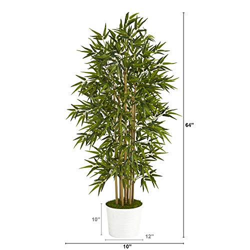 Nearly Natural 64in. Bamboo Artificial Tree in White Tin Planter