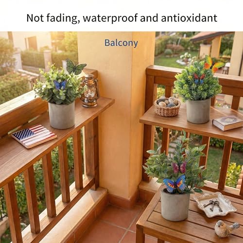 3 Pack Mini Artificial Potted Plants – Fake Eucalyptus, Boxwood & Rosemary with 6 Butterfly Stakes | Small Faux Plants for Shelf, Desk, Bathroom, Office & Farmhouse Home Decor