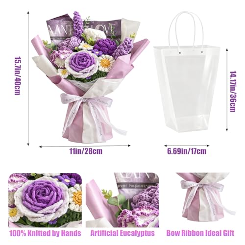 Handmade Crochet Flower Bouquet, Pink Rose & Carnation Knitted Flowers, Gift For Girlfriend, Birthday, Anniversary, Mother’s Day, Wedding Or Graduation (Includes Card) (Purple) - color: Purple