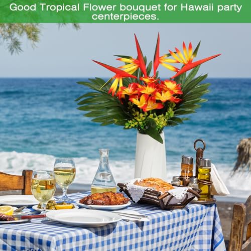 Hotop 4 Set/ 16 Pcs Artificial Tropical Flower Bouquets Bulk for Hawaii Centerpieces Bird of Paradise Lily Bouquet Permanent Flower Tropical Plant Party Office Home Decor (Sunset Red) - color: Sunset Red