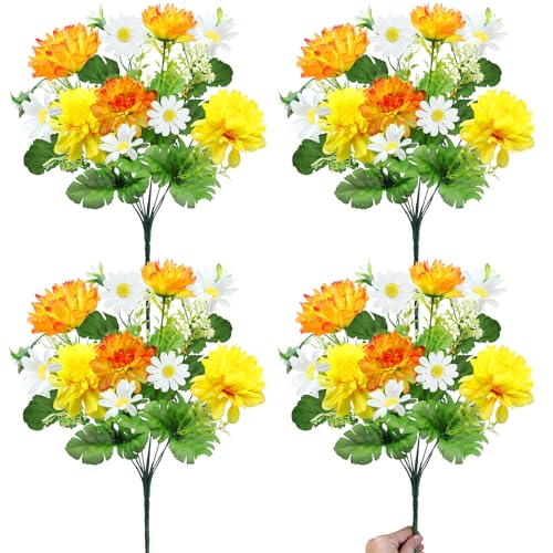 44 Heads Artificial Flowers for Outdoors, 4 Bunches 17 Inch Dahlia Daisies Mum Fake Plants UV Resistant Faux Flowers Bouquet Cemetery Flowers for Grave Outside Indoor Home Spring Summer Decor (Yellow) - color: Yellow
