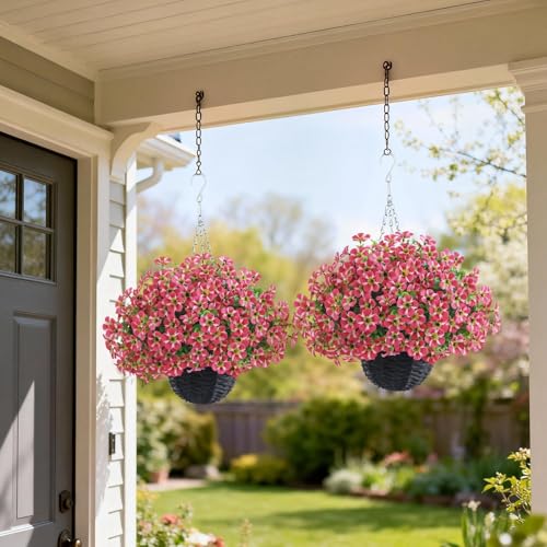 VIERENA 2 Sets Artificial Morning Glory and Eucalyptus Hanging Basket for Outdoor, UV-Resistant Fake Flower Hanging Basket, Suitable for Porch, Aisle, Garden, Patio, Eaves Decor (Rose Red) - color: Rose Red