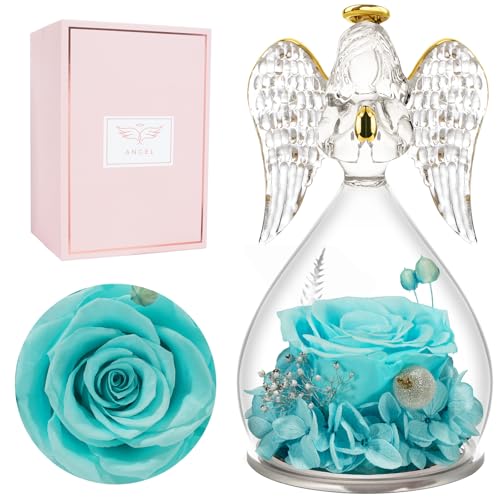 Miofula Gifts for Mom Birthday Gifts for Women, Preserved Flowers Rose in Glass Angel Figurines, Fresh Flowers for Delivery Anniversary Forever Real Roses Gifts for Mothers Grandma Her Wife Girlfriend - color: Sky Blue