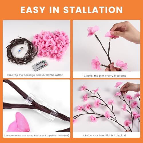 2Pcs Cherry Blossom Lights with Remote, 4FT 48 LED Pink Flower Willow Vine Lights for Bedroom Wall Decor, Fairy Tree Light with 8 Modes & Timer, Romantic Lighted Branch for Home, Wedding, Christmas - size: 2Pcs