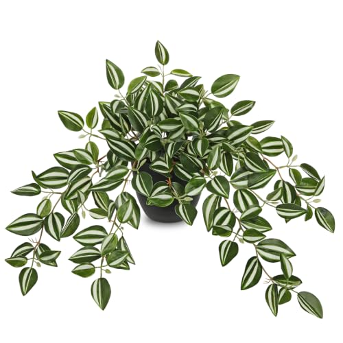 Briful Artificial Potted Plant Indoor, 19.6" Faux Watermelon Peperomia Trailing Plant in Black Pot, Realistic Fake Plants with Cascading Green Leaves for Cabinet Shelf Bathroom Office Desk Home Decor - color: White Green Stripe