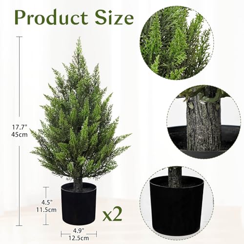 Briful 17.7'' Artificial Cedar Topiary Tree in Black Pot – Set of 2 Lifelike Evergreen Faux Plant for Outdoor Indoor Home, UV Resistant, Potted Fake Cypress Shrub for Farmhouse Living Room Décor