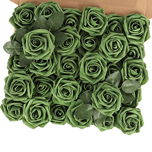 MACTING 30PCS Artificial Rose Flowers Real Touch Fake Flowers with Stem Green Foam Roses for DIY Wedding Bouquet Party Baby Shower Table Centerpieces Home Spring Decorations - color: Army Green-1, size: 30PCS