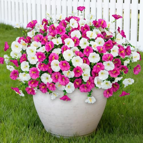 Artificial Flowers for Outdoors, 16 Bundles Mix Color Silk Faux Flowers Morning Glory UV Resistant Eucalyptus Plants Fake Petunias Plants for Porch Garden Planters Window Box Outside Indoor Decor - color: Fuchsia White
