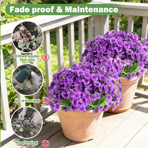 Nepfaivy Artificial Outdoor Flowers Purple - 24 Bundles Fake Flowers for Outside Uv-Resistant, Real Look Silk Faux Flowers for Outdoor Planters, Realistic Plastic Flowers for Garden Porch Patio - color: Dark Purple
