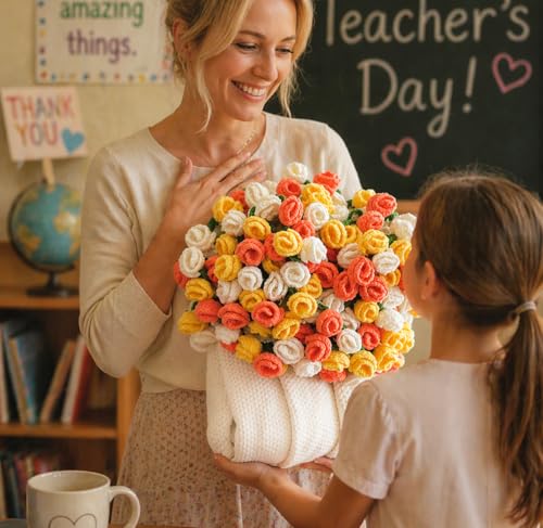 Crochet Flower Bouquet Throw Blanket, Cute Romantic Gift for Her Girlfriend Mom Mother’s Day Valentine Wedding Anniversary Birthday (Yellow, 32 inches) - color: Yellow, size: 32 inches
