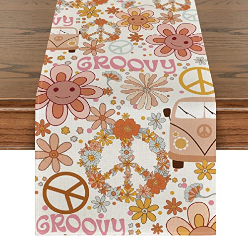 Artoid Mode Daisy Flower Peace and Love Table Runner, Wreath Float Groovy Kitchen Dining Table Decoration for Outdoor Home Party 13x72 Inch