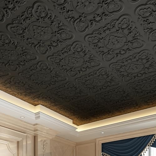 Art3dwallpanels 12 Pack Drop Ceiling Tiles, 24 x 24 Inch High Grade PVC 3D Wall Panels Vintage Flower Pattern for Interior Wall Decor, Fire Rated, Waterproof, Black - color: Black