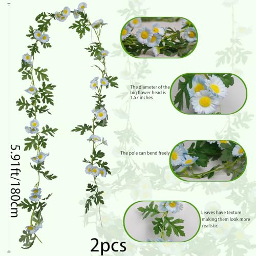 2 Pcs Wildflower Garland Spring Flowers Garland 12 FT Blue Artificial Daisy Flowers and Leaves Faux Floral Vine for Mantle Baby Shower Wedding Arch Porch Staircase Summer Decor - color: Blue