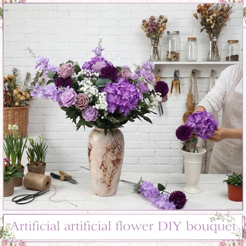 Suncalla 36 Pcs Purple Artificial Flowers Bouquet Set 8 Kind Faux Delphinium Rose Peony Chrysanthemum Hydrangea Baby's Breath Florals with Greenery Long Stem for Wedding Table Vase Decor - color: Purple