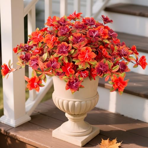 Fall Flowers Artificial for Decoration, Fake Silk Rhododendron Flowers for Outdoors, 2 Bundles Faux Azalea Outside UV Resistant No Fade Floral for Home Garden Balcony Walkway Wedding Party Decor - color: Y-orange Red