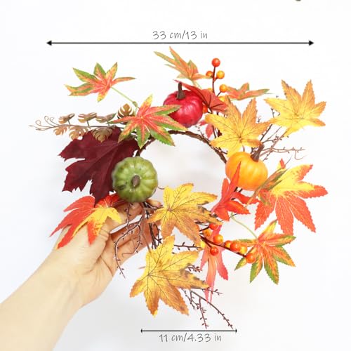 Fall Candle Ring Small Wreath Artificial Maple Leaves Pumpkin 13” for Thanksgiving Halloween Autumn Harvest Festival Farmhouse Table Decor Gift - color: Fall