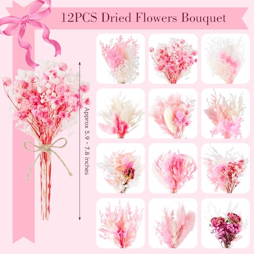 12/24 PCS Charming Dried Flowers Bouquet for Vase Various Dried Wildflowers with Stems Mini Handmade Wildflowers Natural Real Flowers Bulk Flowers Craft (Pink, 12 PCS) - color: Pink