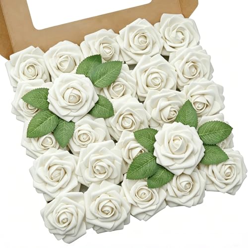 Artificial Flowers, 25pcs Artificial Rose for DIY Bouquets Arrangement, Sand White Rose Flowers Foam Fake with Stems for Wedding Shower Party Floral Arrangements Tables Home Decorations - color: Sand White, size: 25pcs
