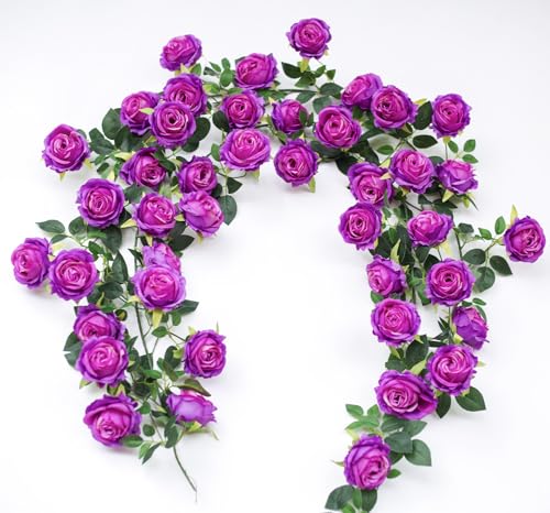 2Pcs 12Ft Bendable Artificial Flower Garland Faux Rose Vine Hanging Floral Garland for Wall Decor Trellis Fence Home Room Garden Wedding Decoration(Purple) - color: Purple, size: 2pcs