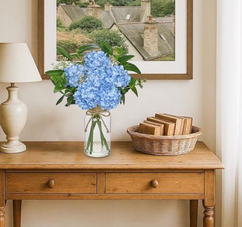 Hollyone Blue Hydrangea Artificial Flowers in Clear Glass Vase with Faux Water Silk Hydrangeas Fake Flowers Floral Arrangement for Home Bathroom Kitchen Office Table Centerpiece Shelf Decorations - color: Blue