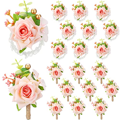 Sherr 20 Pcs Pink Rose Wrist Corsage and Boutonnier Set Wedding Flower Corsage Wristlet Band Bracelet Bridegroom Men's Boutonniere Wristlet Hand Flower for Wedding Bouquets Supplies - color: Pink