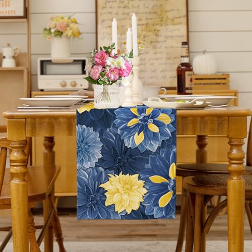 Blue Yellow Dahlia Flower Summer Table Runner Blue Yellow Gray Burlap Table Runners, Spring Floral Coffee Table Center Decor for Home Kitchen Dining Party Indoor Outdoor 13x108 Inch - color: Blue Yellow, size: 13" x 108", Table Runner