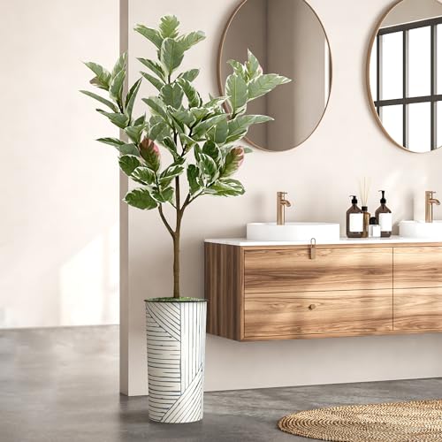 Artificial Tree in Geometric Pattern Planter, Fake Rubber Silk Tree for Indoor and Outdoor Home Decoration - 70" Overall Tall (Plant Pot Plus Tree) - style: Rubber