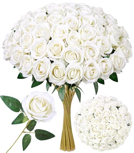 50 PCS White Roses Artificial Flowers, Real Looking Fake Roses with Long Stems Silk Flowers for DIY Wedding Bouquet Party Celebration Home Bridal Shower Decoration Valentine's Day Gift for Her Wife - color: White