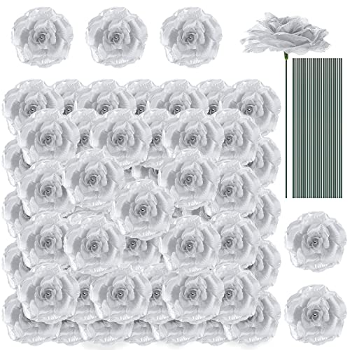 Yunlly 100 Pcs Artificial Flowers Fake Silk Roses Long Stem Rose Bouquet Wedding Party Home Decor for DIY Baby Shower Centerpieces Tables Home Decorations(Silver) - color: Silver