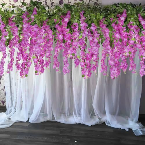 CISDUEO 2 Pcs Wisteria Hanging Flowers Wisteria Flowers Vine Garland Wedding Arch Decoration Purple Red Artificial Wisteria Vines Hanging Flower Vines Silk for Party Garden Home Table Backdrop 7 Feet - color: Purple Red